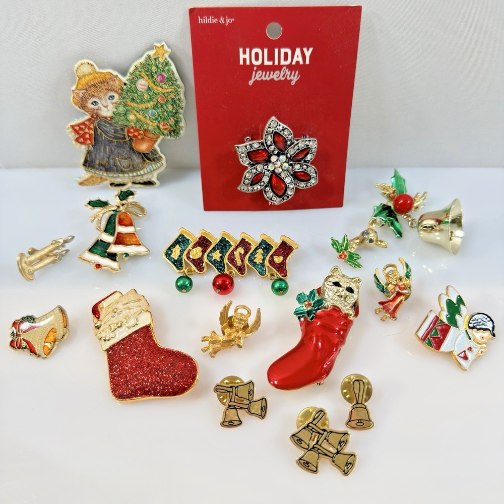 Vintage Christmas Brooch Pin Lot Santa Stocking Bells Angel Holiday Jewelry